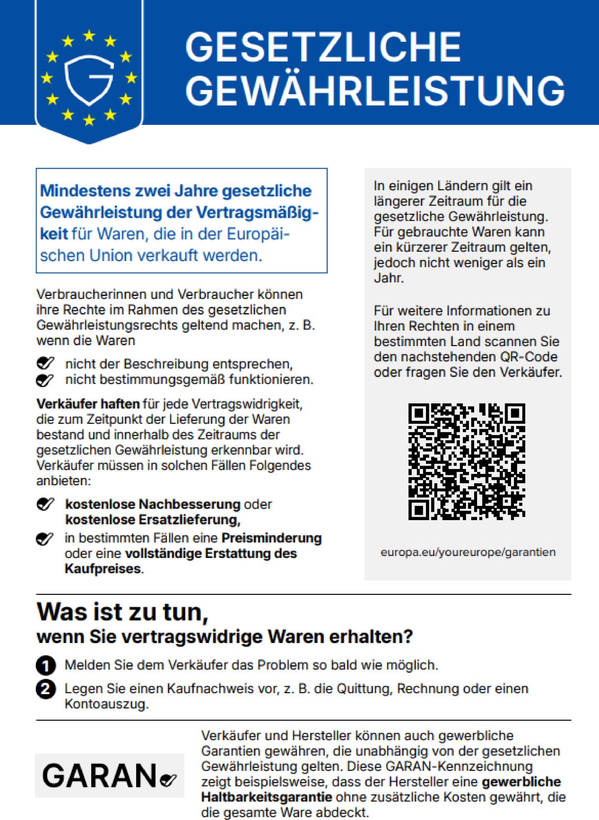 Label Gesetzliche Gewährleistung: mindestens zwei Jahre gesetzliche Gewährleistung für Waren, die in der EU verkauft werden