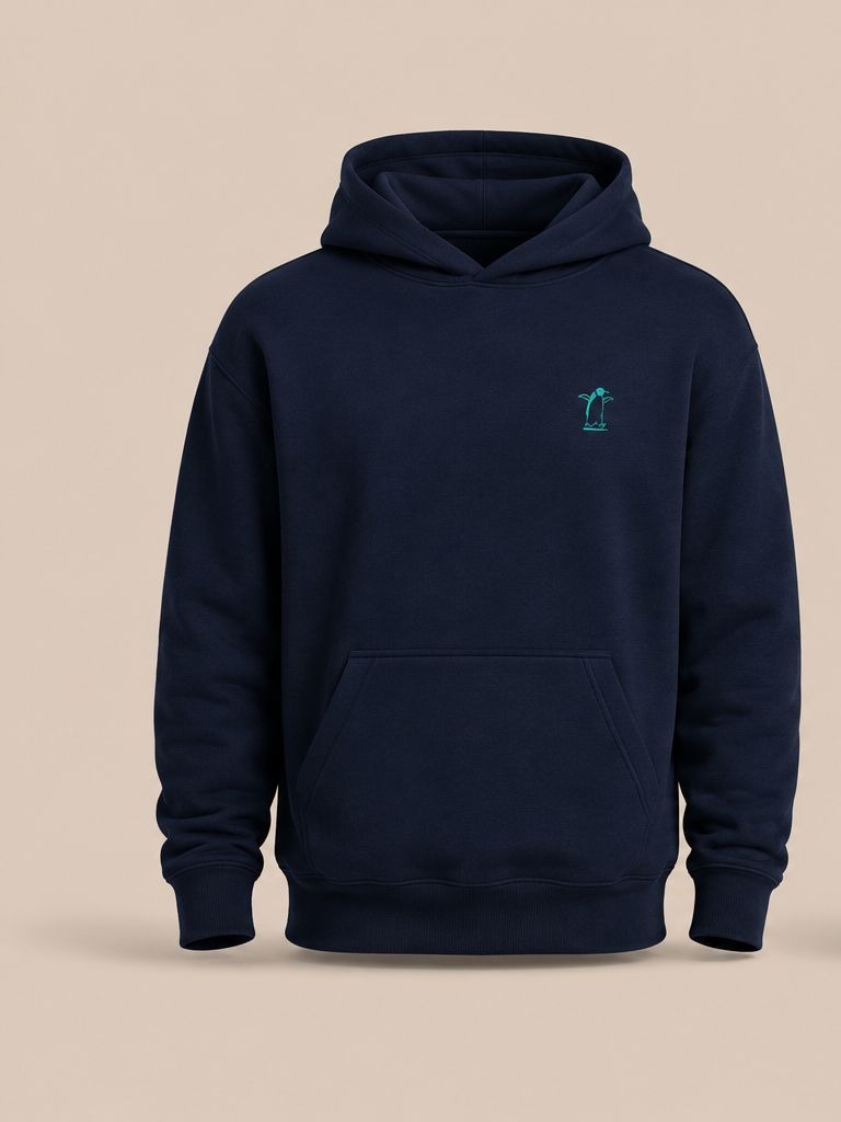 Dunkelblauer Hoodie von vorne mit kleinem türkisfarbenem Pinguin auf der linken Brust